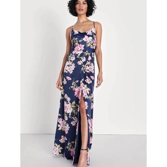 Lulus Dresses & Skirts - Lulus Love of Romance Navy Floral Satin Maxi Dress Cowl Neck Slit Size L NWT